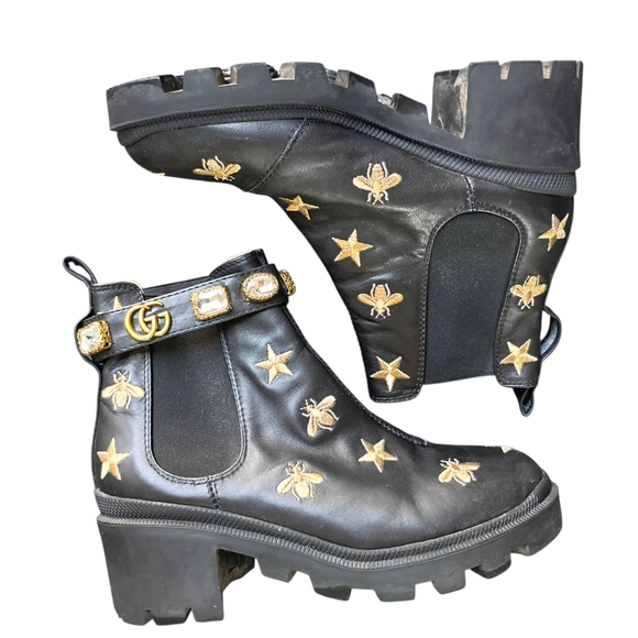 Gucci Stars and Bee Embroidered Leather Ankle Boots -Black Size 7.5 - 8 US